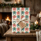 Vintage Christmas gift wrap with red gingham and teal bows on a wrapped present, by Wrapped Studios.