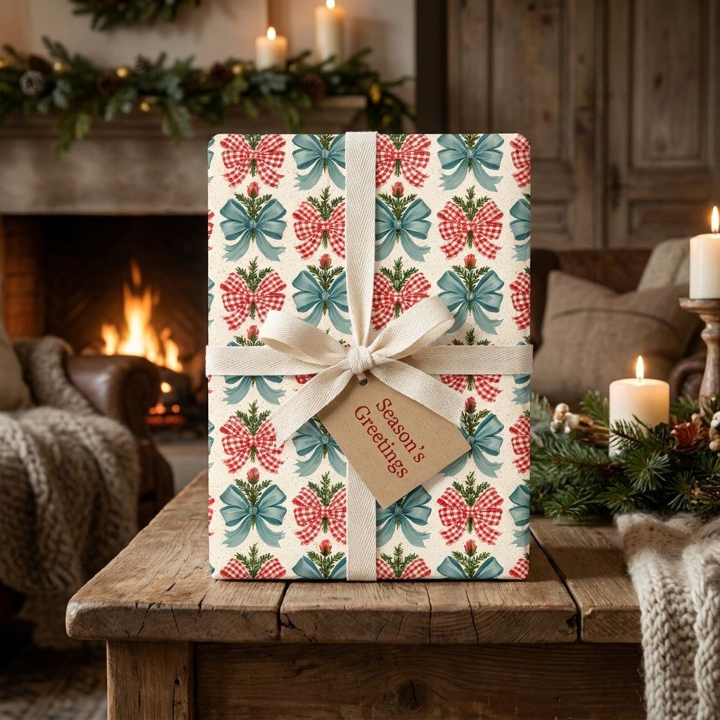 Vintage Christmas gift wrap with red gingham and teal bows on a wrapped present, by Wrapped Studios.
