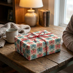 Vintage Christmas wrapping paper with red and blue bows by Wrapped Studios on a cozy wooden table.
