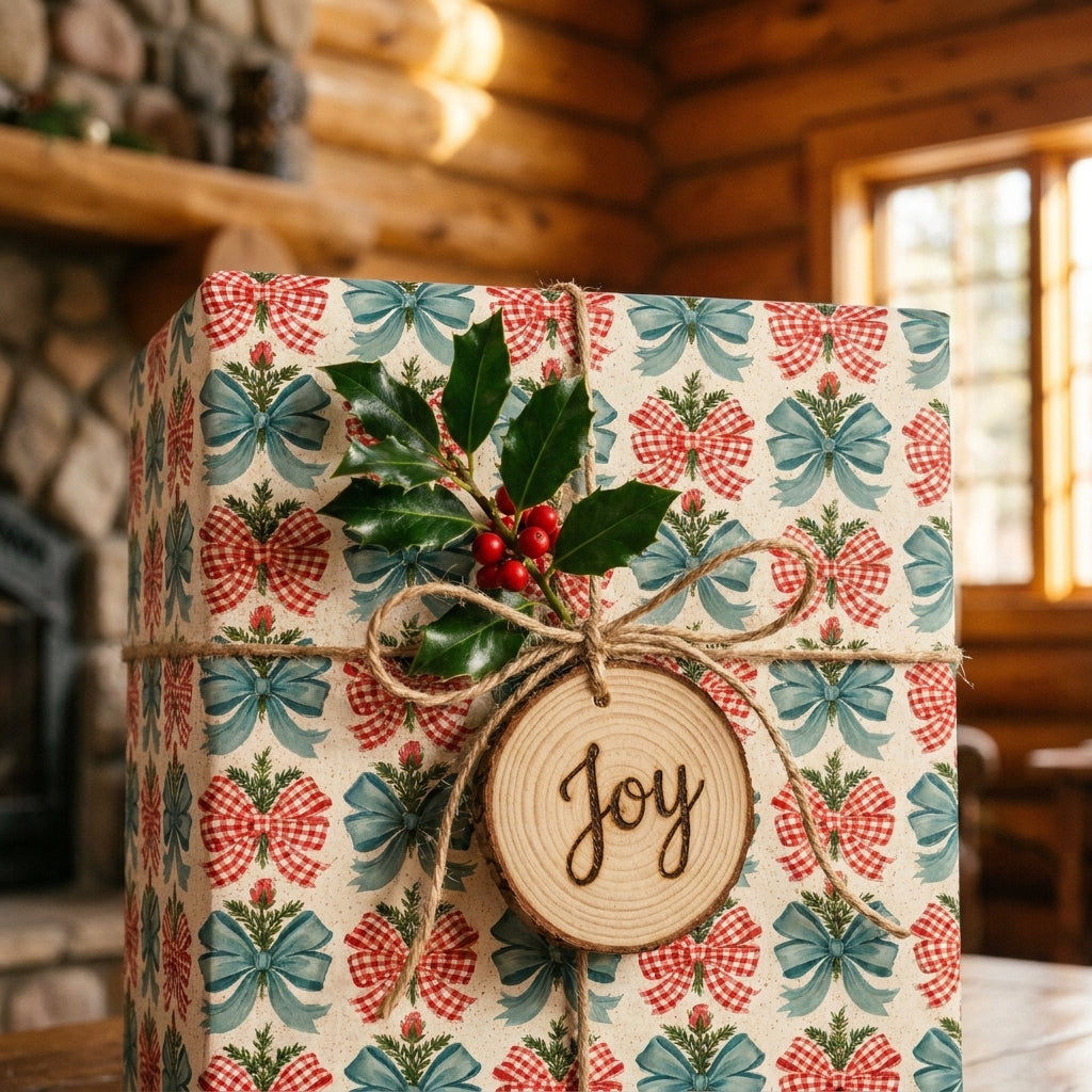 Vintage Christmas wrapping paper with red and blue bows and a wood Joy tag by Wrapped Studios.