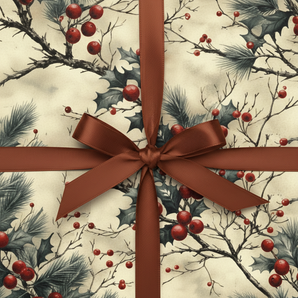 Square gift wrapped in vintage-style Christmas wrapping paper with holly berry pattern and brown ribbon.