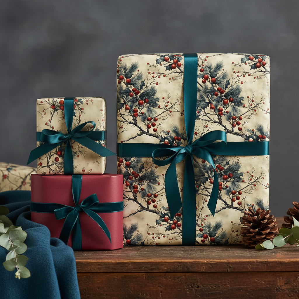 Elegant Christmas gifts wrapped in floral wrapping paper with dark green satin ribbon.
