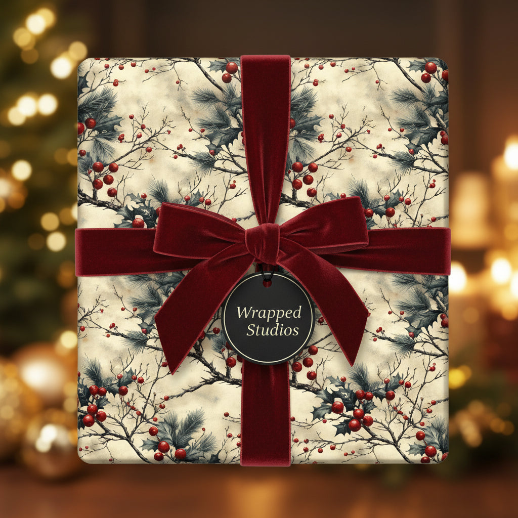 Elegant Christmas gift wrap featuring a vintage-style holly berry pattern and a rich red velvet ribbon bow.