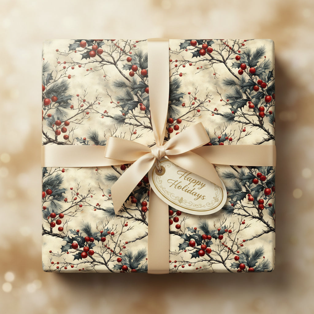 Square gift wrapped in vintage floral Christmas wrapping paper with gold ribbon and "Happy Holidays" tag.