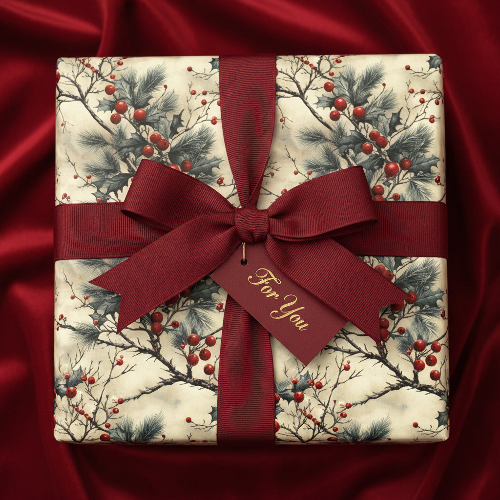 Square gift wrapped in floral Christmas wrapping paper with a burgundy ribbon and "For You" tag.