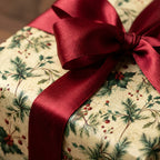 Close-up of a gift wrapped in vintage floral Christmas wrapping paper, tied with a deep red satin ribbon.
