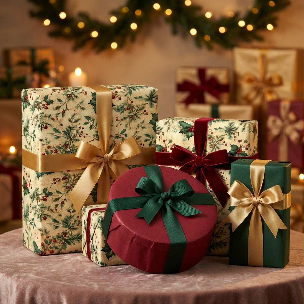 Elegant Christmas gifts wrapped in floral and solid color paper with gold and velvet ribbon.
