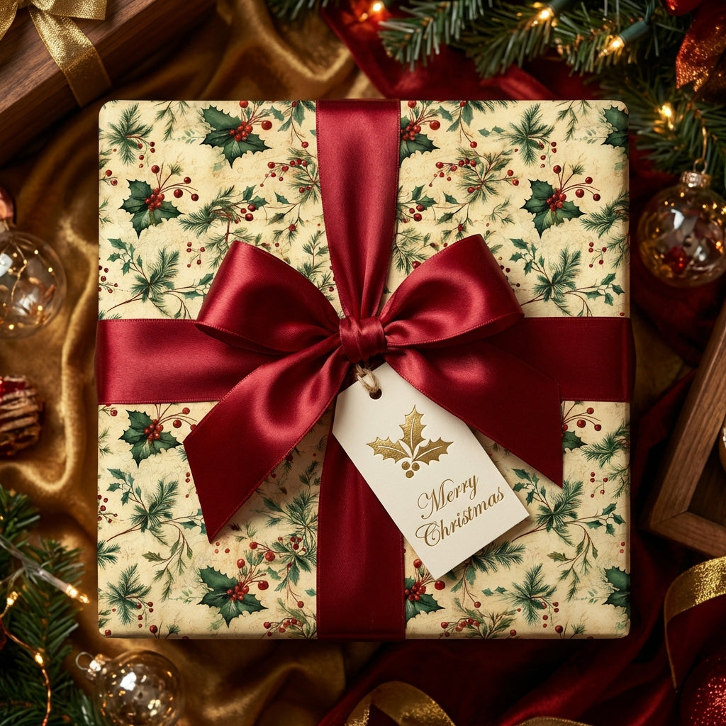 Vintage-style Christmas gift wrap with a holly and berry pattern, tied with a red satin ribbon.