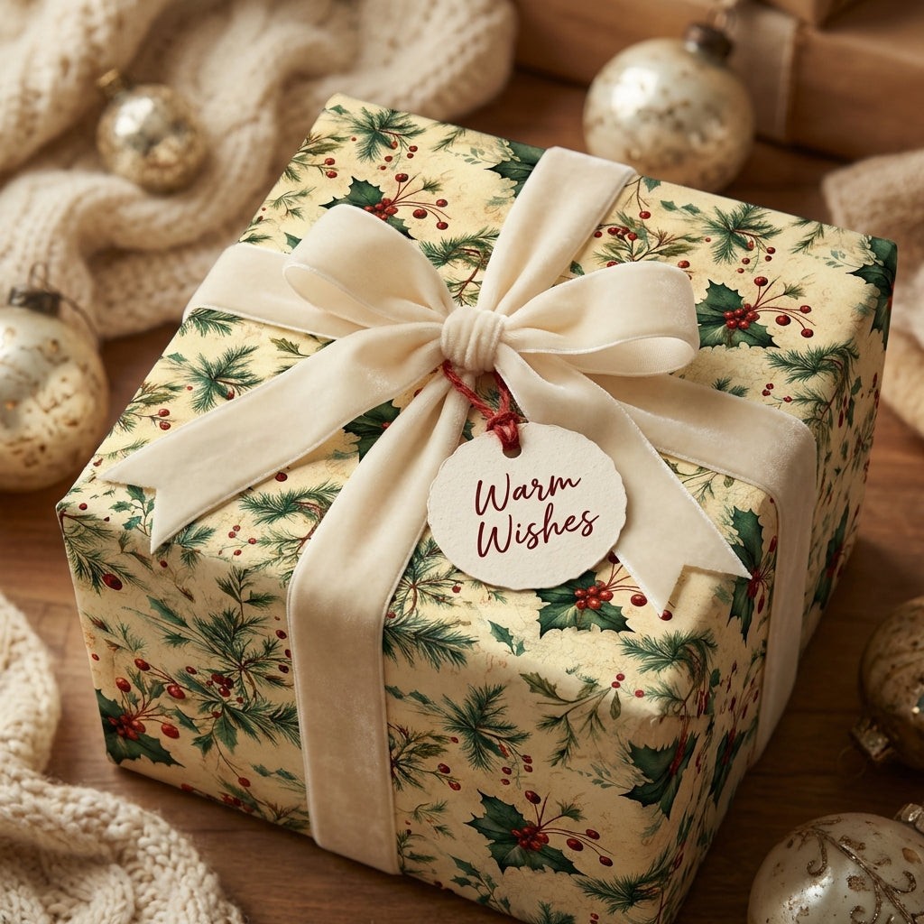 Elegant Christmas gift wrap with vintage floral pattern, cream velvet ribbon, and "Warm Wishes" tag.