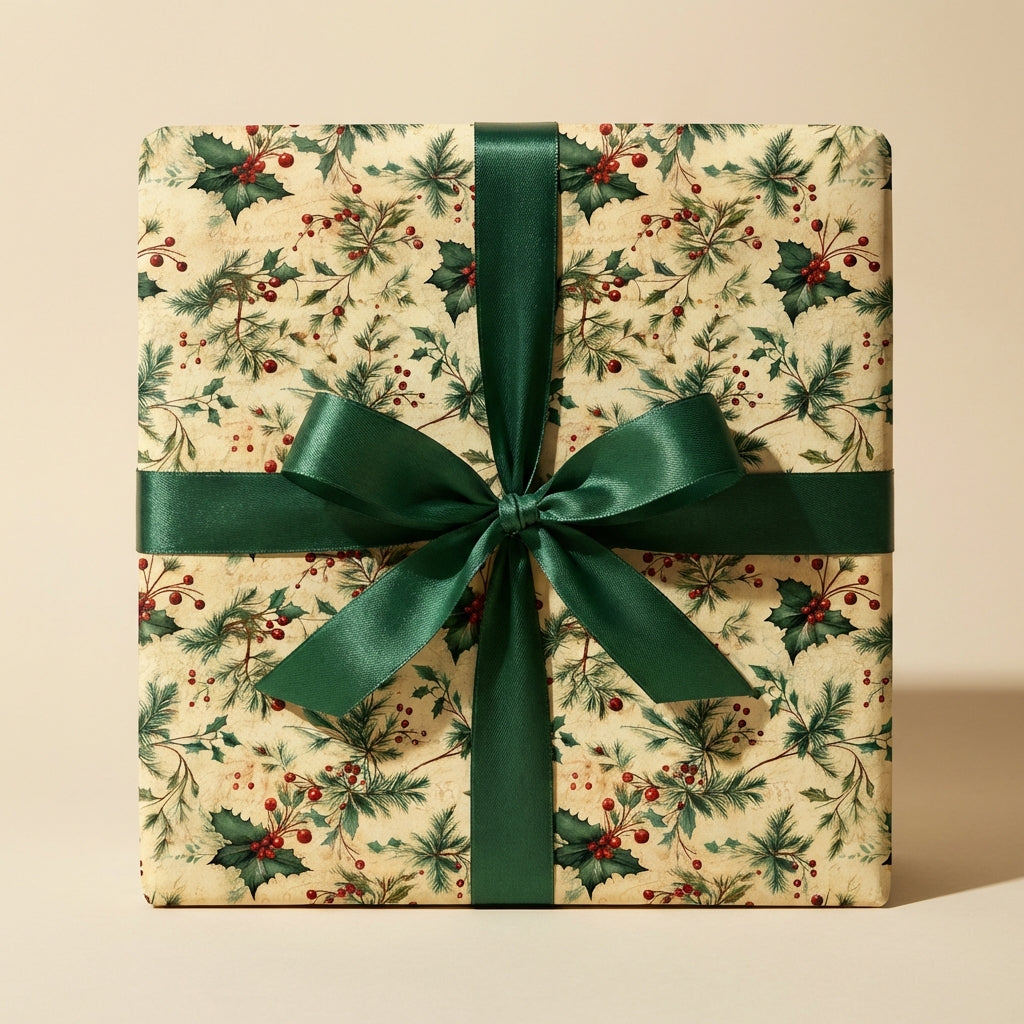 Vintage-style Christmas gift wrap with holly berries and a dark green satin bow.