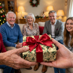 Passing Christmas gift wrapped in holly print paper with red ribbon.