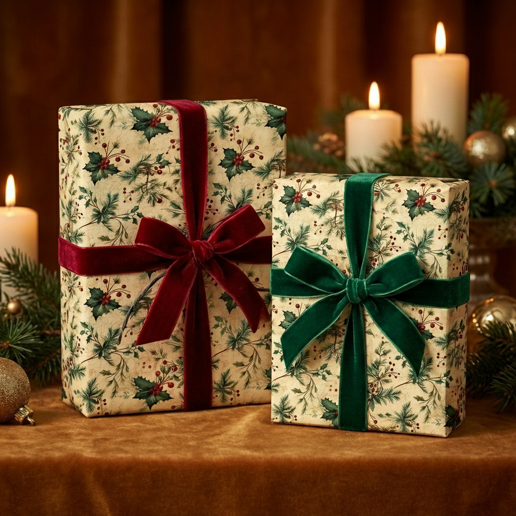 Elegant Christmas gift wrap: presents with holly berry floral paper and velvet ribbons.