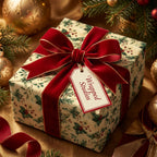 Elegant Christmas gift wrap from Wrapped Studios. Square gift box with festive holly print and red velvet ribbon.