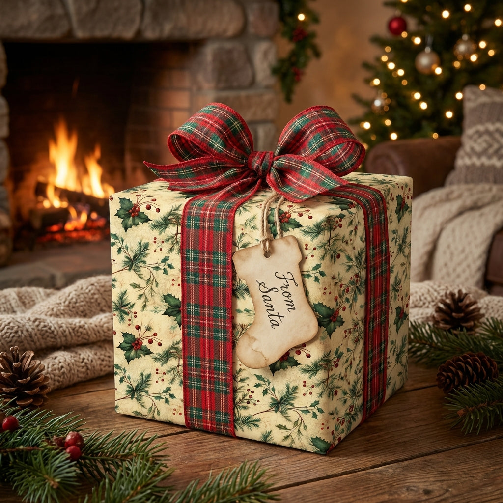 Wrapped Studios Christmas gift wrap: floral holly pattern with tartan ribbon and "From Santa" tag.