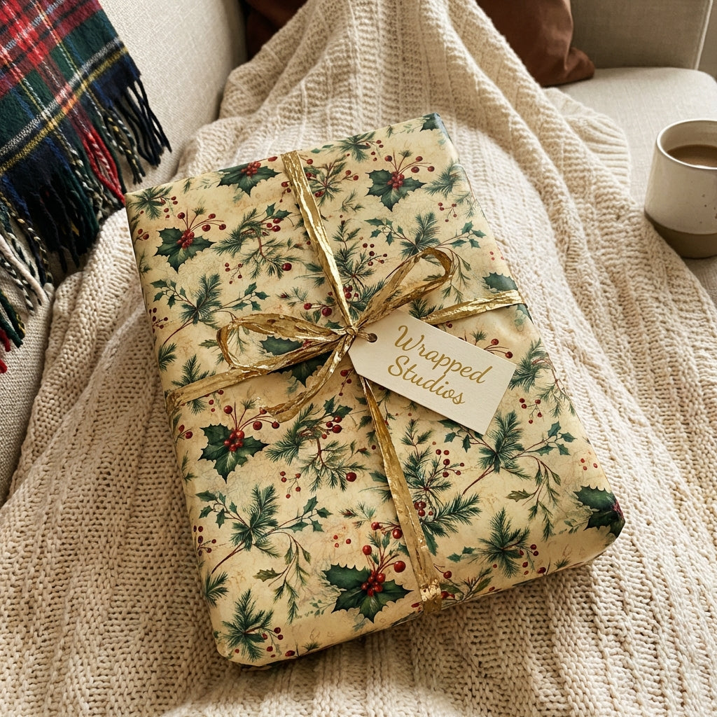 Wrapped Studios gift with vintage holly Christmas wrapping paper and a gold ribbon.