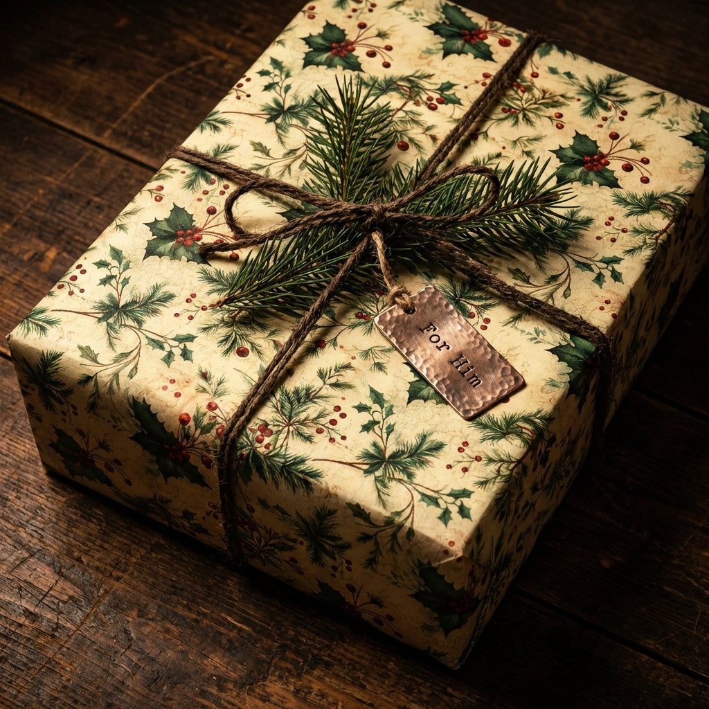 Rustic Christmas gift wrap with holly berry pattern and twine bow. "For Him" tag.