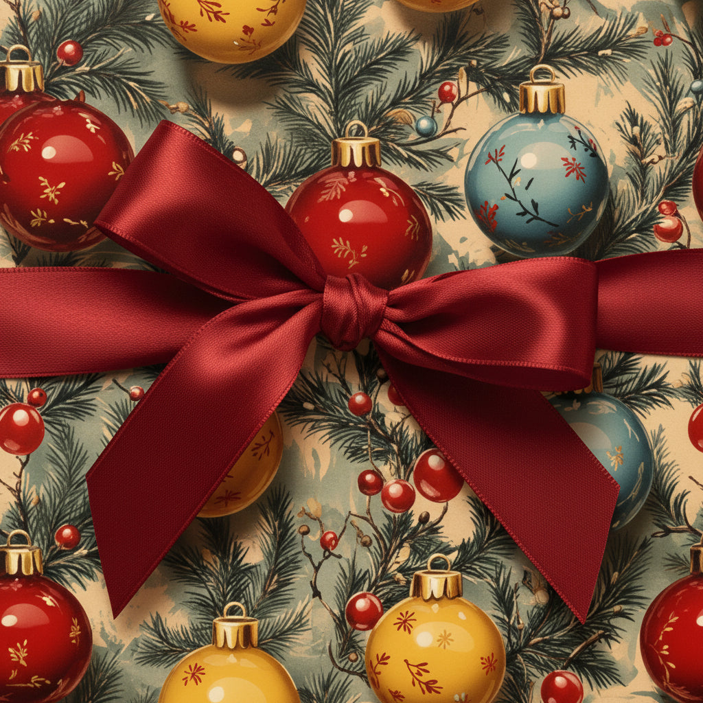 Close-up of Christmas gift wrap featuring vintage ornament pattern, tied with a red satin bow.