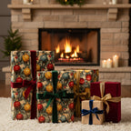Festive Christmas gifts wrapped in elegant ornament paper with velvet ribbons by a cozy fireplace.