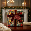 Elegant Christmas gift wrapped in vintage-style ornament paper with a velvet burgundy bow and "Happy Holidays" tag.
