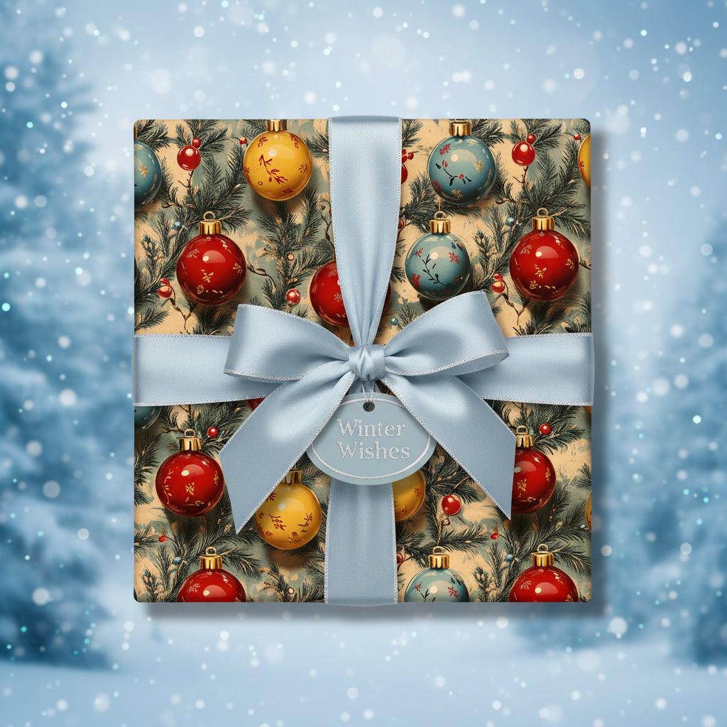Vintage Christmas gift wrap with ornaments and a light blue bow, tag says "Winter Wishes."