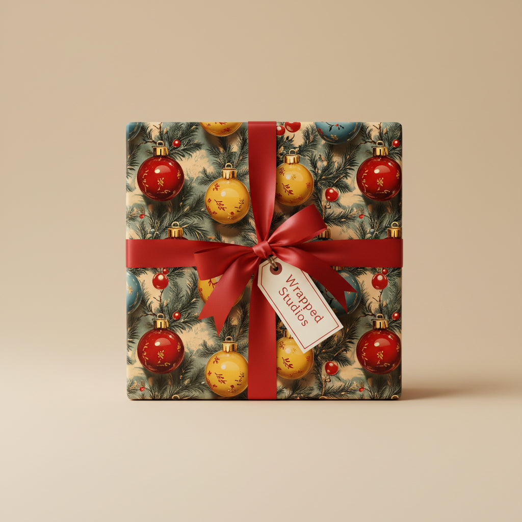 Square gift box in Christmas ornament wrapping paper with red satin ribbon and a gift tag.