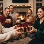 Woman exchanging Christmas gift wrapped in elegant paper with red velvet bow.
