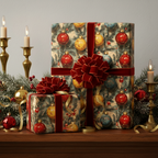 Elegant Christmas gift wrap featuring vintage ornament pattern and red velvet ribbon on presents.