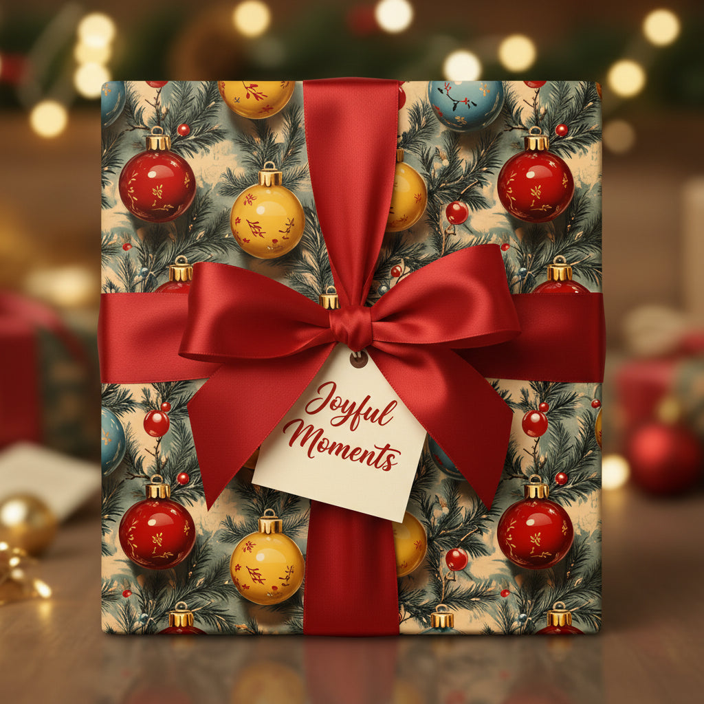 Elegant Christmas gift wrap with vintage ornament pattern and red satin ribbon.