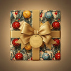 Elegant Christmas gift wrapped in festive ornament pattern paper with a gold ribbon and bow.