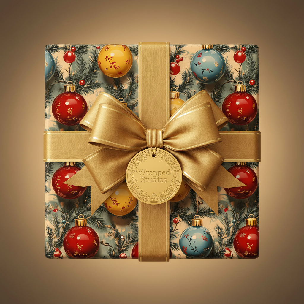 Elegant Christmas gift wrapped in festive ornament pattern paper with a gold ribbon and bow.