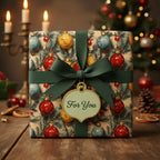 Christmas gift wrapped in festive ornament wrapping paper with a dark green ribbon and a "For You" tag.