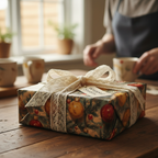 Christmas present wrapped in festive ornament paper with lace ribbon on a rustic wooden table.