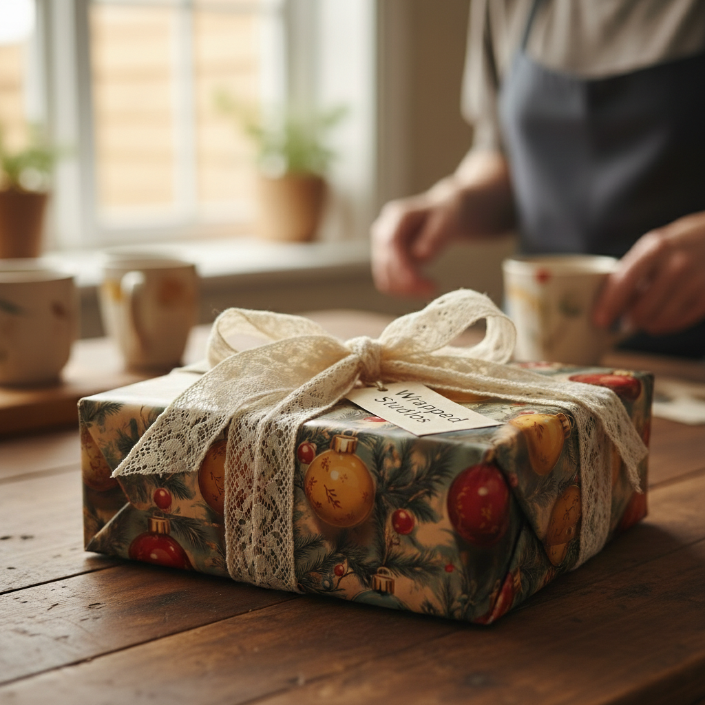 Christmas present wrapped in festive ornament paper with lace ribbon on a rustic wooden table.