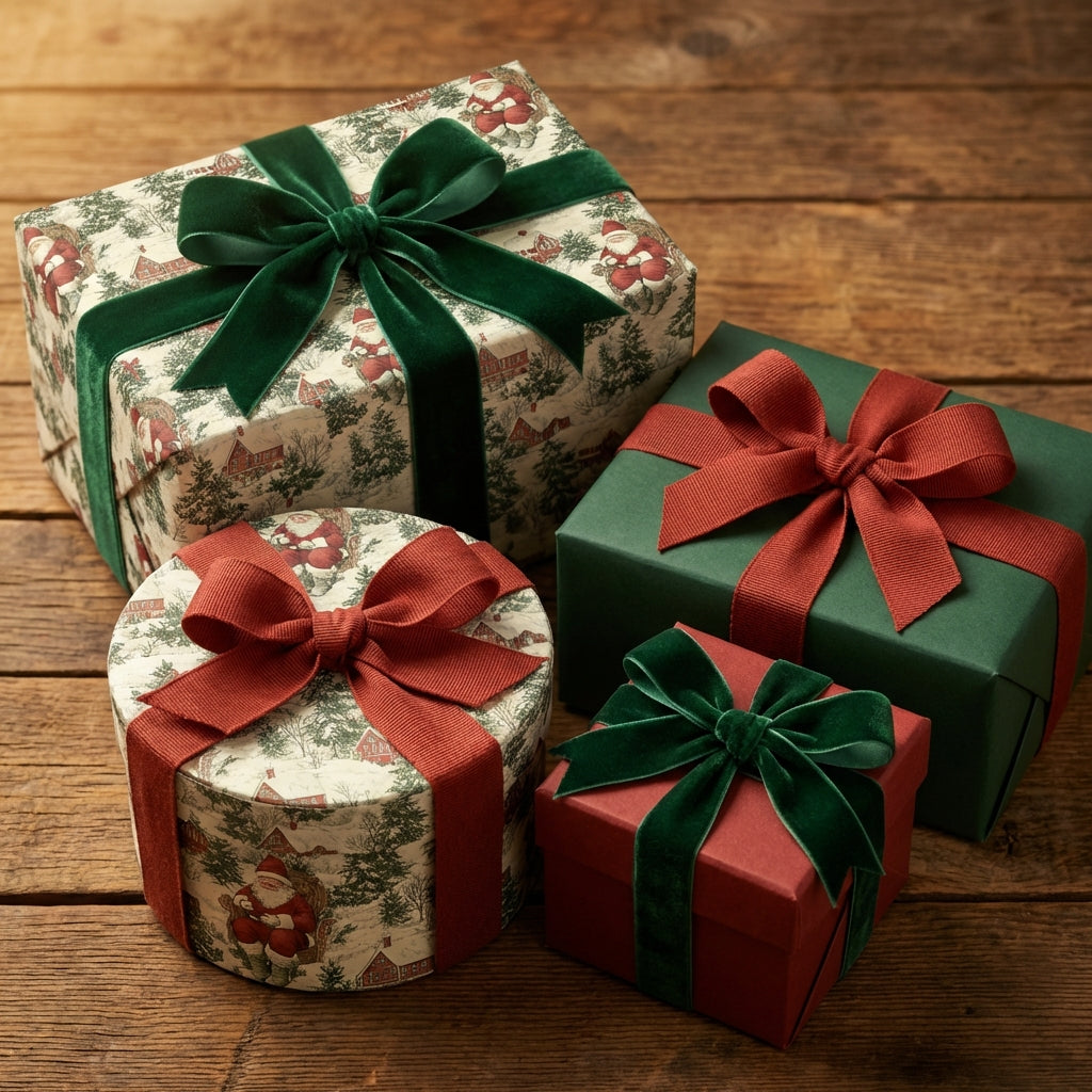Elegant Christmas gift wrap with Santa print, velvet ribbons, on a wood background.