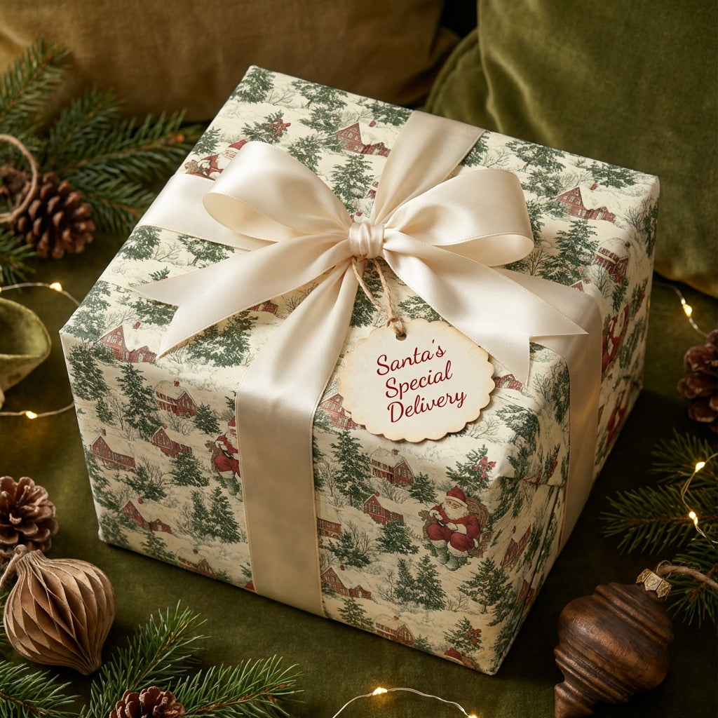 Elegant Christmas gift wrap with a Santa toile pattern, ivory ribbon, and "Santa's Special Delivery" tag.