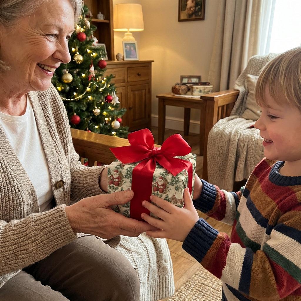 Grandmother gives grandson Christmas gift wrapped in Santa Claus pattern paper and tied with a red ribbon.