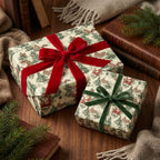 Wrapped gifts with vintage Santa Christmas wrapping paper and red/green velvet ribbons.