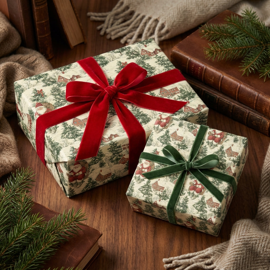 Wrapped gifts with vintage Santa Christmas wrapping paper and red/green velvet ribbons.