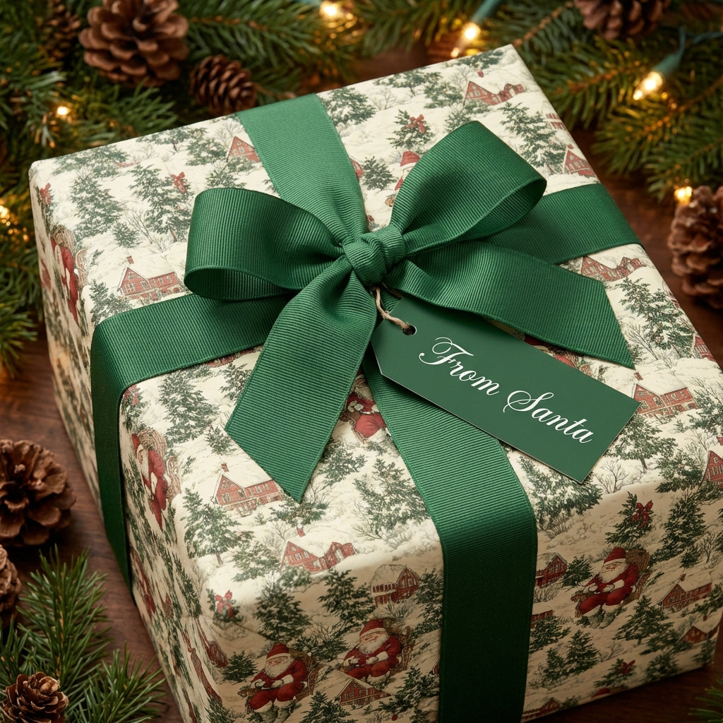 Vintage-style Christmas wrapping paper with green ribbon and "From Santa" tag. Wrapped Studios.