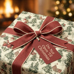 Christmas gift wrapped in vintage-style Santa Claus wrapping paper with a burgundy ribbon and "Do Not Open Til Christmas" tag.