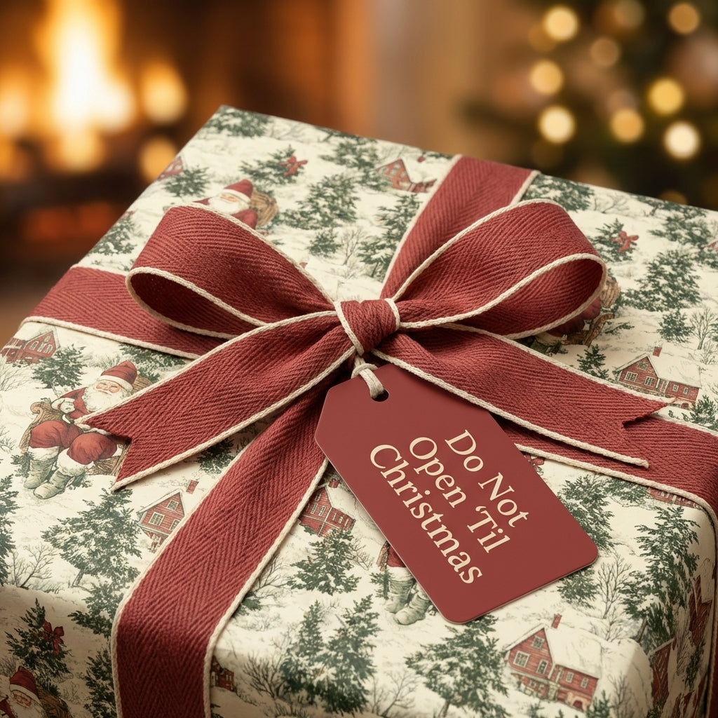 Christmas gift wrapped in vintage-style Santa Claus wrapping paper with a burgundy ribbon and "Do Not Open Til Christmas" tag.