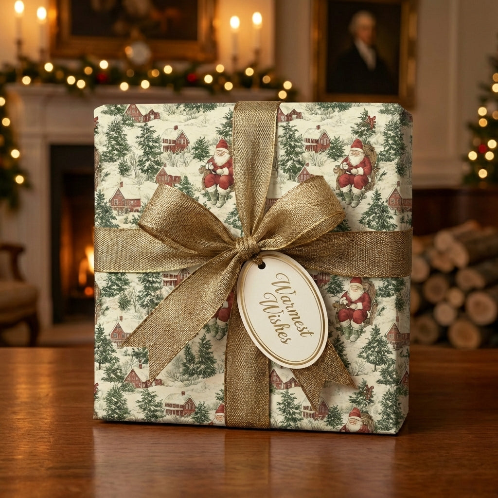 Classic Christmas wrapping paper with Santa, trees, and houses tied with gold ribbon, "Warmest Wishes" tag.