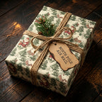 Retro Christmas gift wrap with Santa, pine trees, rustic twine ribbon and North Pole Air Mail tag.