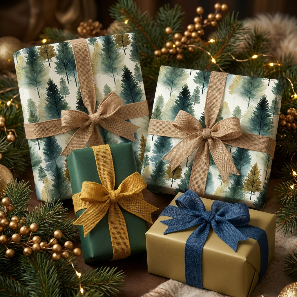Christmas presents wrapped in rustic burlap ribbon with forest tree print gift wrap. Wrapped Studios.
