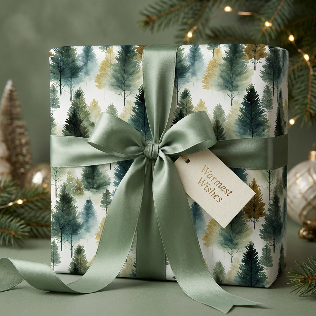 Elegant Christmas gift wrap with watercolor forest design and sage green ribbon.