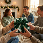 Christmas gift exchange with winter tree wrapping paper and emerald velvet bow.