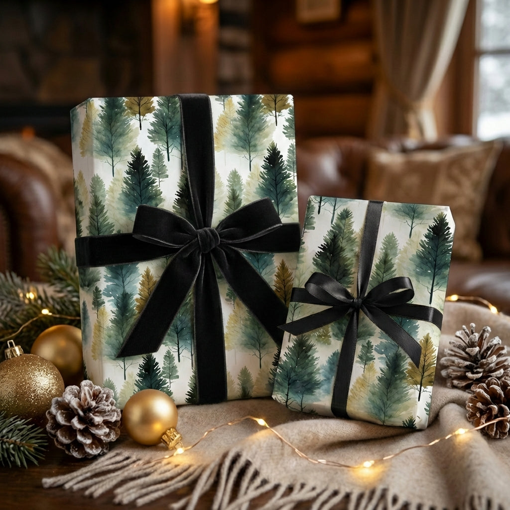 Elegant Christmas gift wrap with tree pattern and black velvet ribbon.