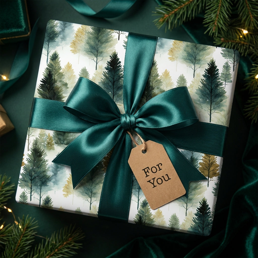 Christmas gift wrapped in green forest trees paper with emerald satin ribbon and "For You" tag.