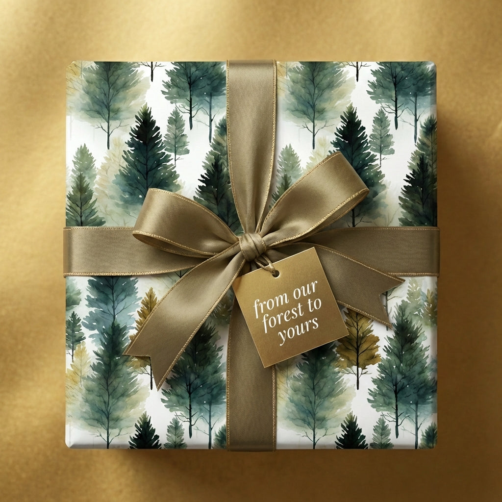 Square gift with evergreen tree print wrapping paper, gold ribbon, and "from our forest to yours" tag.