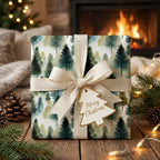 Watercolor forest Christmas wrapping paper with ribbon and tag.